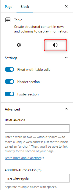 WordPress Gutenberg Block Editor Table Style Settings