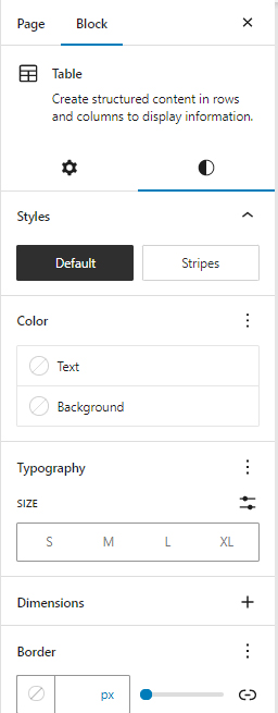 WordPress Gutenberg Block Editor Table Style Settings