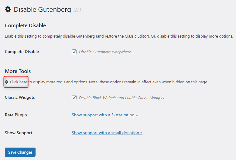 WordPress Disable Gutenberg Block Editor Disable Menu Settings Extended Checkbox Options
