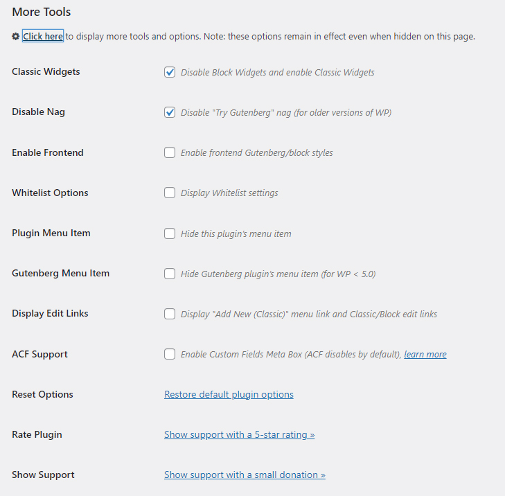 WordPress Disable Gutenberg Block Editor Disable Menu Settings Extended Checkbox Options List