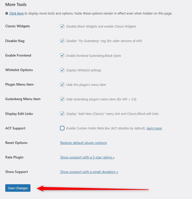WordPress Disable Gutenberg Block Editor Disable Menu Settings Extended Checkbox Options List Save Changes