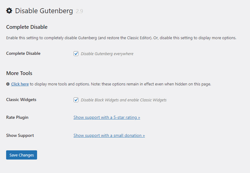 WordPress Disable Gutenberg Block Editor Disable Menu Settings 