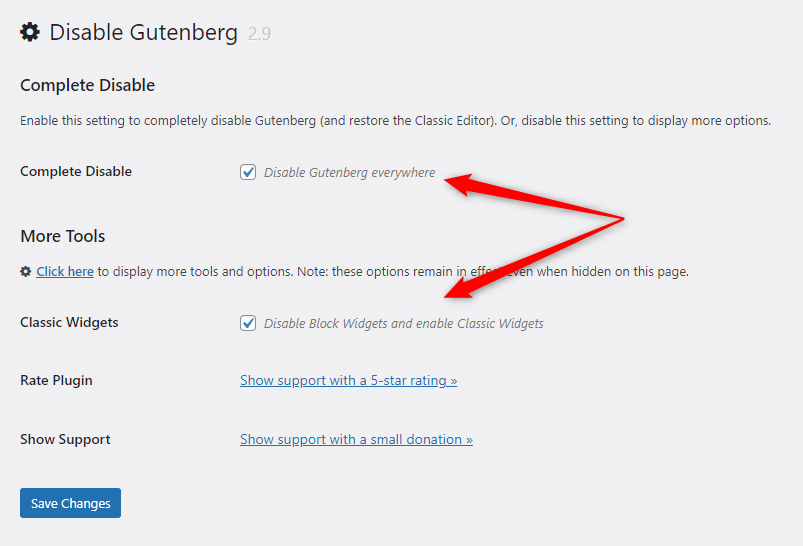 WordPress Disable Gutenberg Block Editor Disable Menu Settings Checkbox Options