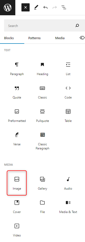 WordPress Gutenberg Block library Sidebar List Image Icon