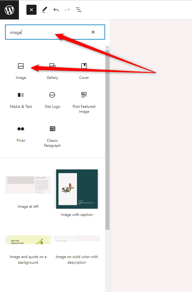 WordPress Gutenberg Block library Search for the Image Block