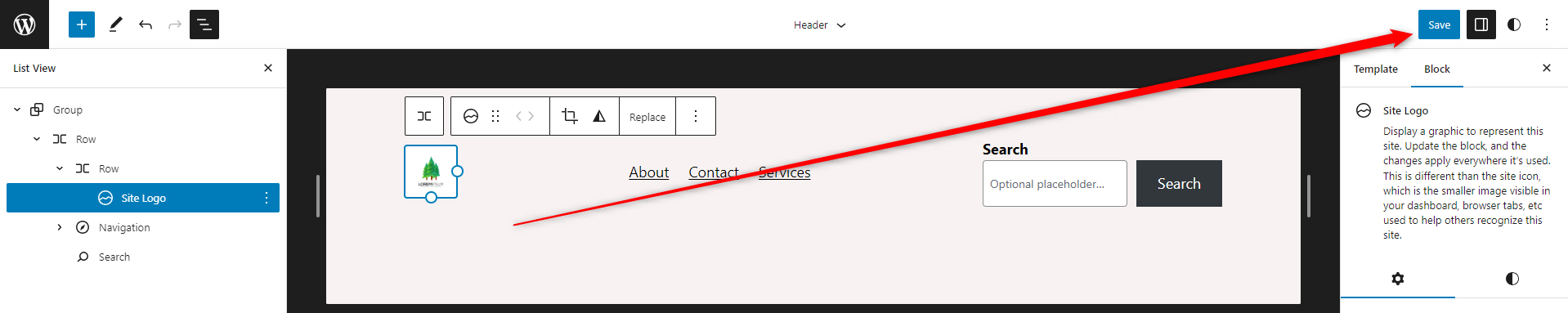 WordPress Gutenberg Add Site Logo Save Changes