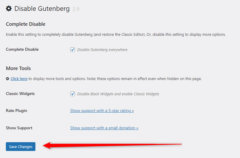 WordPress Disable Gutenberg Block Editor Disable Options Save Button